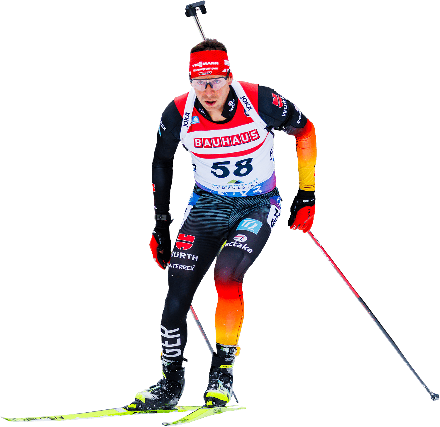Biathlet mit Startnummer 58 beim Skilanglauf während des Wettkampfs.