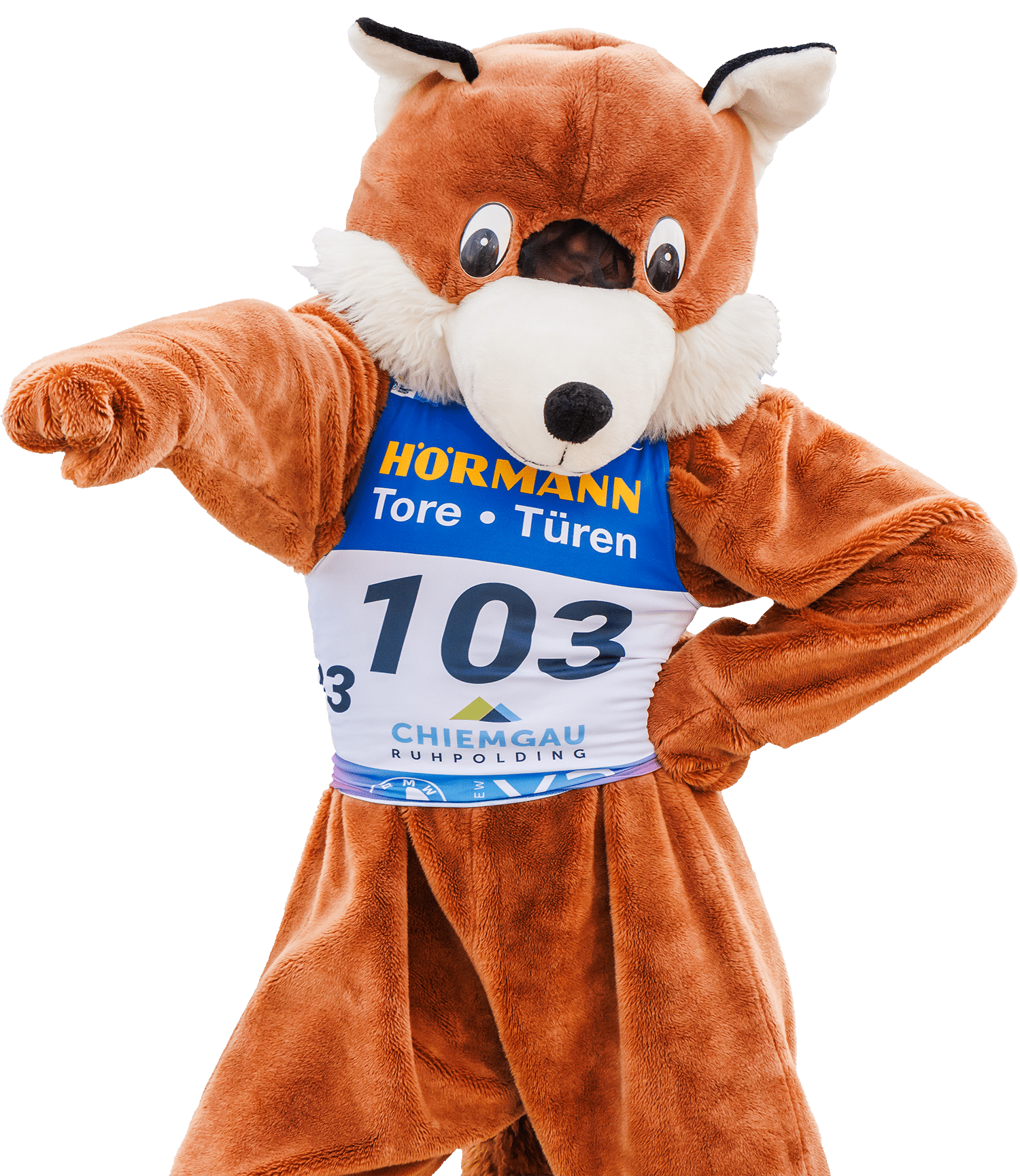 Maskottchen Beppo mit Startnummer 103 posiert und zeigt in die Kamera.