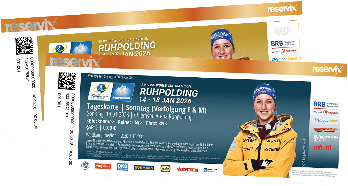 Ticketmotiv für den BMW IBU World Cup Biathlon Ruhpolding 2026 mit QR-Code, Sponsorenlogos und Athletinnenporträt